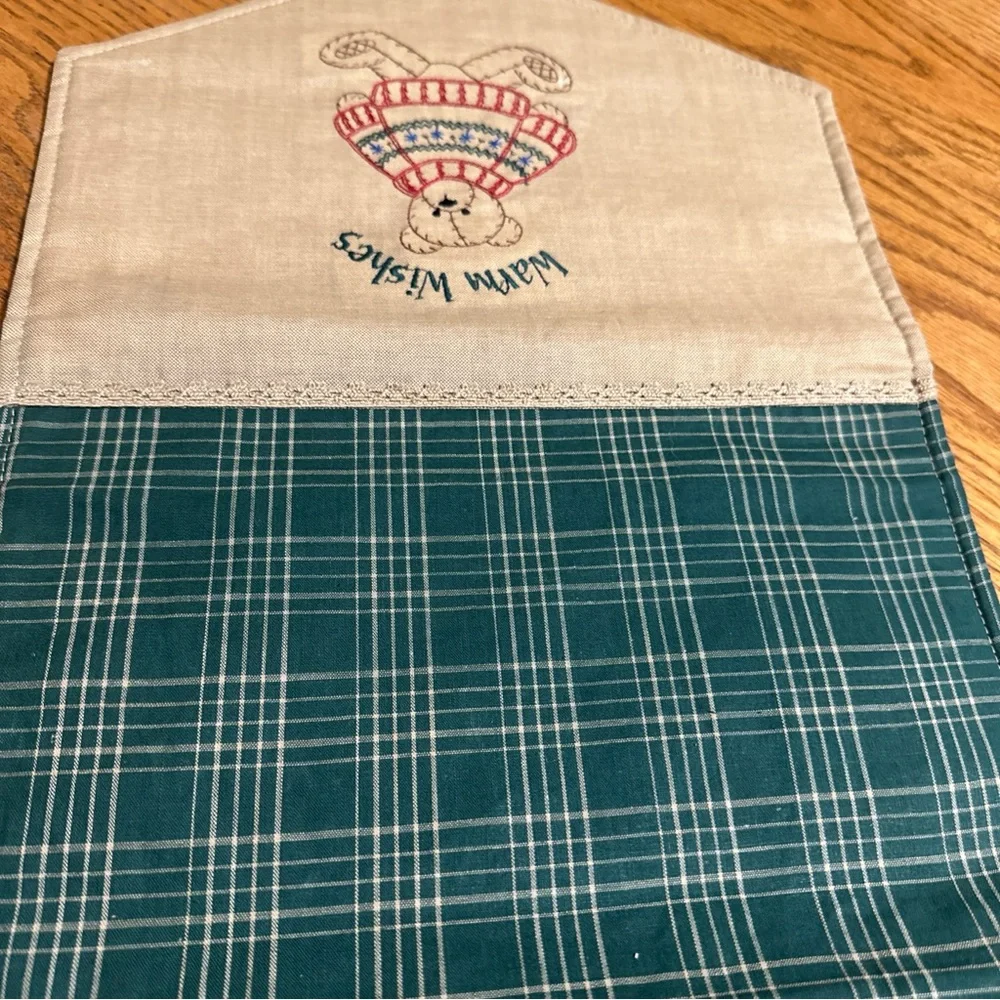 Plaid Table Runner with Bear Embroidery